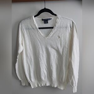 Ralph Lauren Sport Dainty Feminine Cotton Linen Blend Cream V-Neck Sweater Med